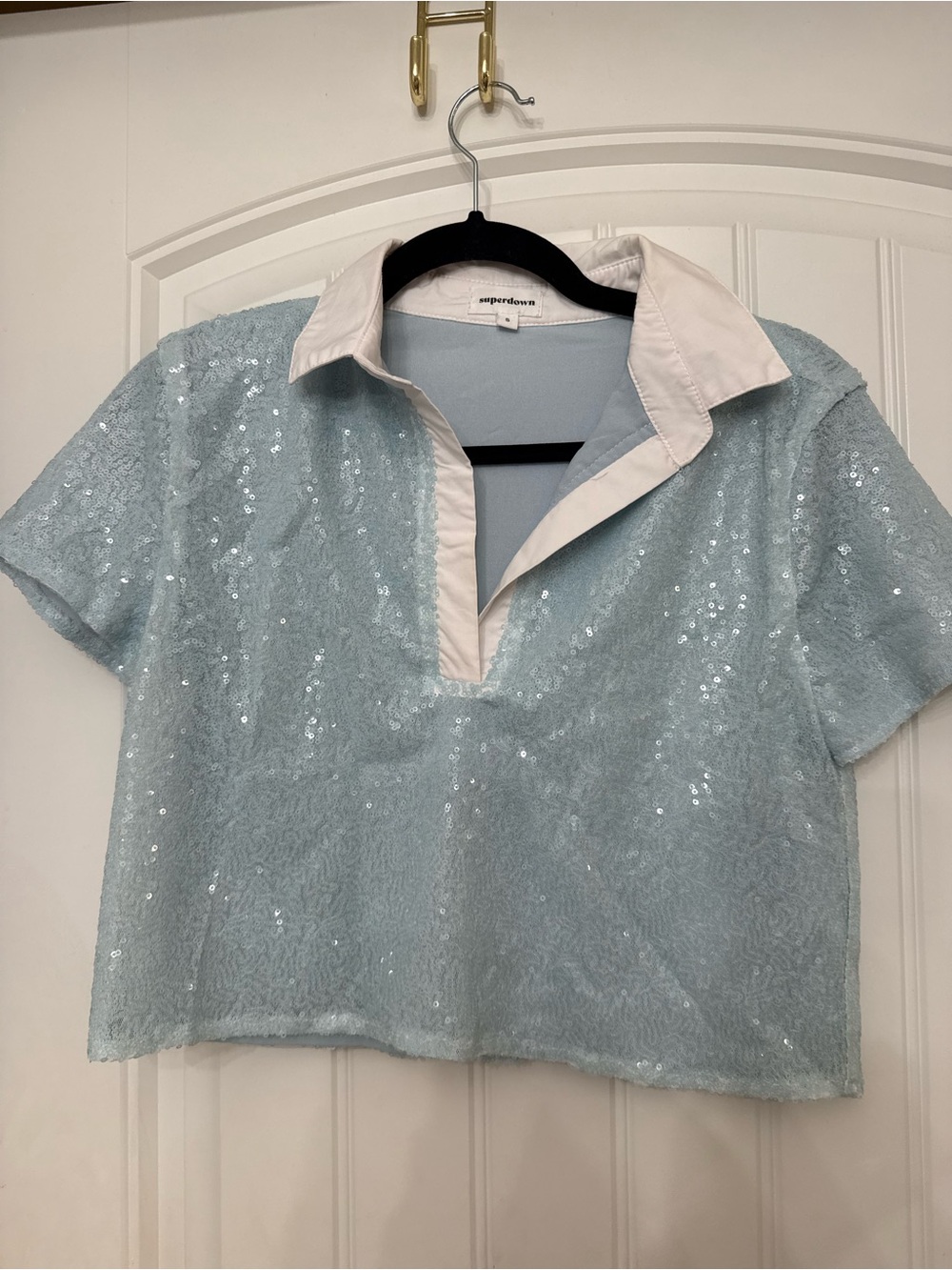 SUPERDOWN Sequin Collared Crop Top in Light Blue by superdown